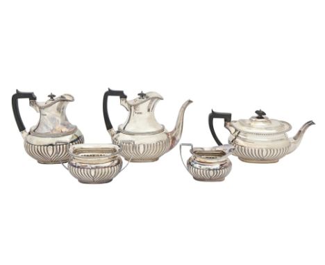 A George V five-piece silver tea and coffee service, partly reeded with gadrooned rim and flush joint, coffee pot 20cm h, by 