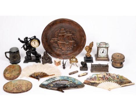 Miscellaneous metalwork, bygones and objects to include a Chinese sheet glass carriage clock, 19th c, and a bone fan with pai