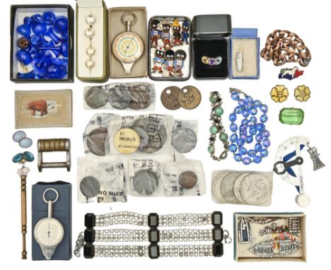 Miscellaneous vintage costume jewellery, George III and later coins, enamel badges, etc 