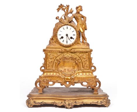 A French giltmetal figural mantle clock, late 19th c,&nbsp;the enamel dial inscribed H. Rochat a Paris, 38cm h Enamel dial cr