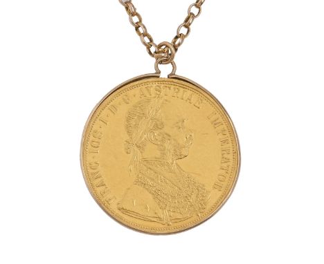 Gold coin. Austria, Ducat,&nbsp;1915 restrike, mounted in gold pendant on a gold chain, 22.1g Light wear scratches