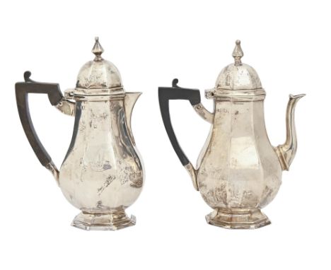 A pair of Victorian octagonal silver cafe au lait pots, 18cm h, marks rubbed, London 1897, 17ozs 5dwts Minor dents and light 