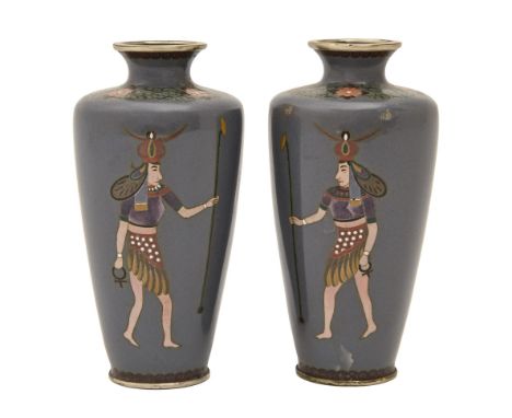 A pair of Japanese cloisonne enamel vases, early 20th c, decorated with images of a warrior, 13cm h Good condition