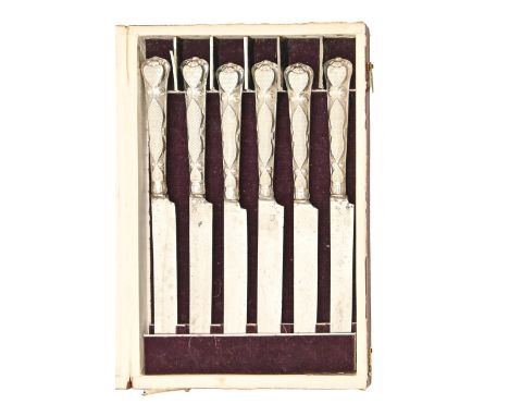 A set of six continental silver coloured metal hafted knives, in decorative brown and gilt textured paper covered box, the li