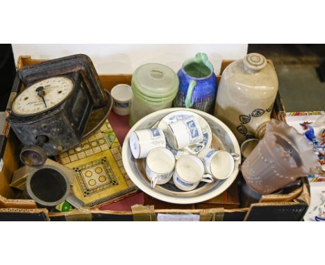 Miscellaneous ceramics, metalware and bygones, including a Shelley Harmony jug, 1950s Poole pottery bowl, Coalport bone china
