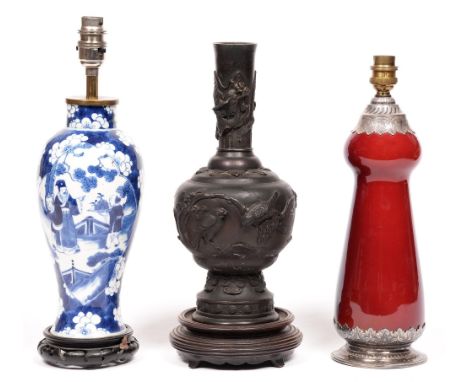 A Chinese style flambe glazed EPNS mounted lamp, 30cm h (excluding fitment), a Japanese bronze vase mounted as a lamp, and an