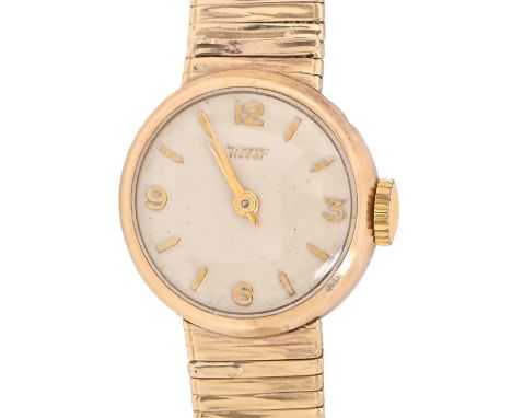 A Tissot 9ct gold lady's wristwatch, 20mm diam, import marked London 1966, on bark textured tapering gold bracelet, 21.6g Wor