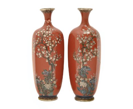 A pair of Japanese cloisonne enamel hexagonal vases, early 20th c, decorated with blossoming trees, signed on base, 16cm h Bo