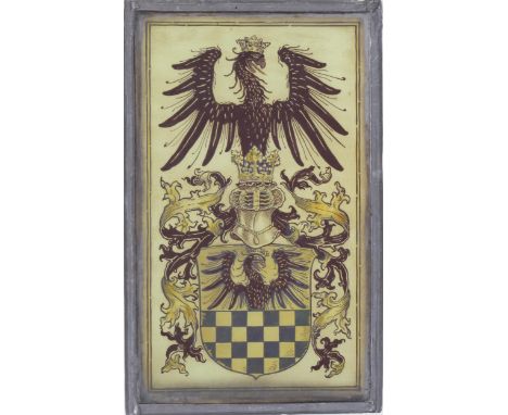A German historismus stained glass armorial window light, with shield crests, crown helm and mantling, 30cm x 18.5cm Undamage