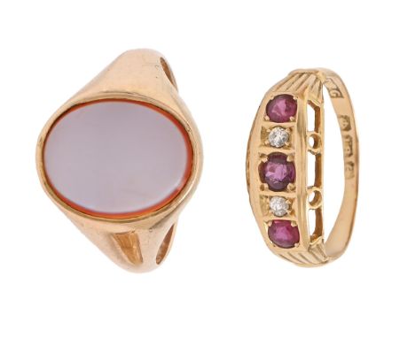 A 15ct gold signet ring, onyx set, Birmingham 1924, 4.8g and a ruby and diamond ring, in 18ct gold, Birmingham, no date lette