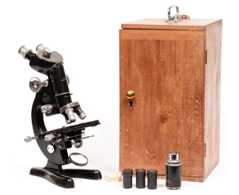 A binocular microscope, mid 20th c, Beck, London M47, No.19309, in fitted wood case, 37cm h 