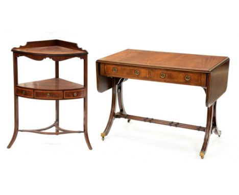 A mahogany and crossbanded sofa table, early 20thy c,&nbsp; 70cm h; 61 x 148cm and a George III mahogany corner washstand (2)