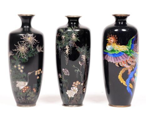 A Japanese cloisonne enamel vase, 20th c, 19cm h, and two others, similar (3) All restored