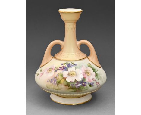 A Royal Worcester vase, c1910, painted with apple blossom and violets, 16cm h, puce printed mark Not cracked, light scratches