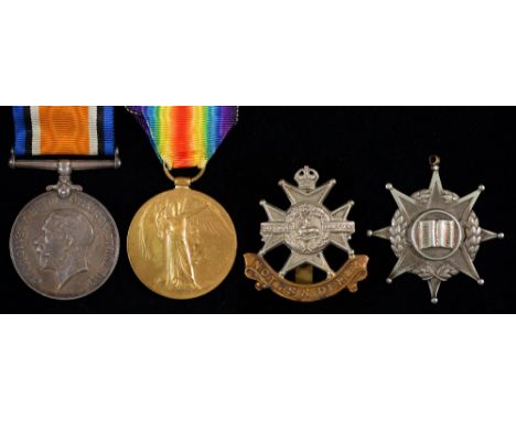 WWI, pair, British War Medal and Victory Medal 93807 Pte F Dales Notts &amp; Derby R, cap badge and another item 