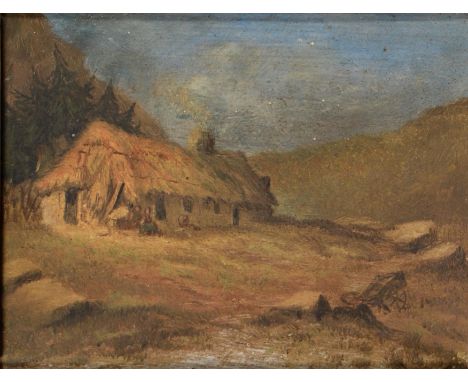 Anglo-Scottish School, 19th c - A Thatched Crofter's Cottage, Highlands of Scotland, with figures, a glen in the background, 