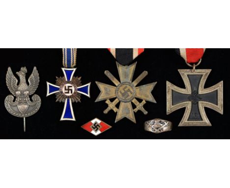 Germany, Third Reich. Iron Cross Second Class, War Merit Cross with swords, Mother's Cross, Hitler Youth cap badge, silver an