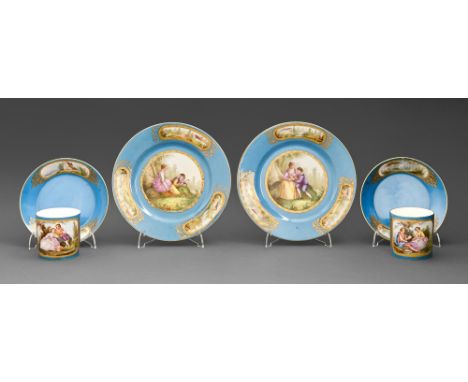 Two Sevres coffee cans and saucers, the porcelain 1868 and circa, later decorated, painted with lovers or landscapes reserved