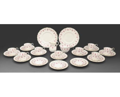 A Bishop &amp; Stonier bone china tea service, early 20th c, printed and painted with rose garlands and green ribbon, pair of