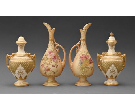 A pair of Coalport jeweled vases and covers, c1900, 17.5cm h printed mark, and a pair of Royal Worcester ewers decorated with
