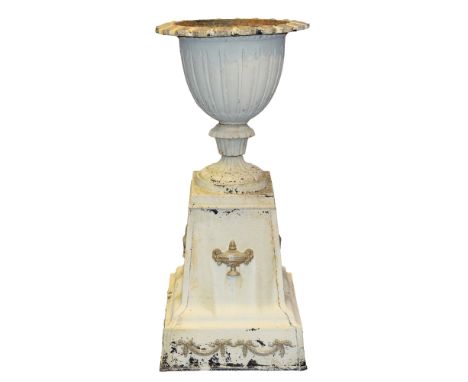 A Victorian style painted cast iron campana shaped garden vase,&nbsp;97cm h Paint flaking in some places and some light surfa