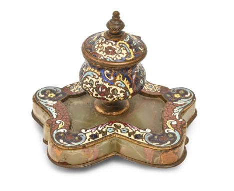 A France bronze, onyx and champlevé enamel inkwell, late 19th c, 8cm h Minor scuffs and marks consistent with age and use, ot