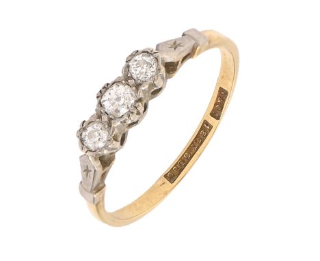 A diamond ring, with old cut diamonds, in gold marked 18ct GOLD, 3g, size R Good condition with only light consistent wear