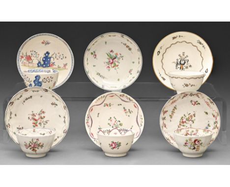 Five New Hall and other Staffordshire tea bowls and saucers and another saucer, c1790-1800, various sizes Blue rock saucer br