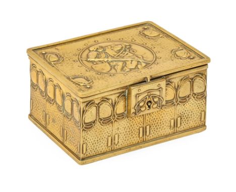 An art nouveau stamped brass box, 1915, underside engraved with presentation inscription to John Wilford Bolton, cedar lined,