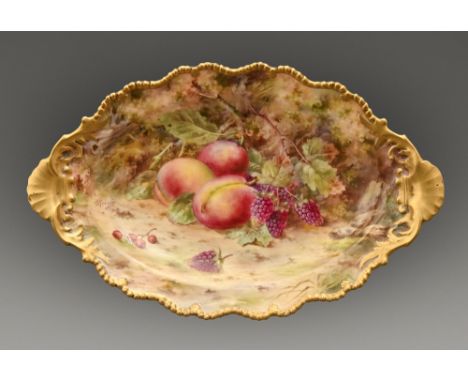 A Royal Worcester shaped oval dessert dish, 1919, painted by F Roberts, signed, with an all over still life of ripening fruit