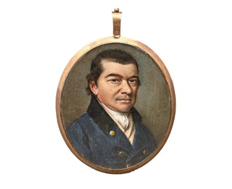 English School early 19th century Portrait of a Man, bust length in a blue coat with a black collar and white stock, ivory, o
