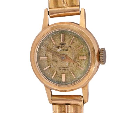 A Pryngeps 18ct gold lady's wristwatch, 17mm&nbsp; diam, on gold bracelet marked 750, 20.5g Dial discoloured, movement runnin