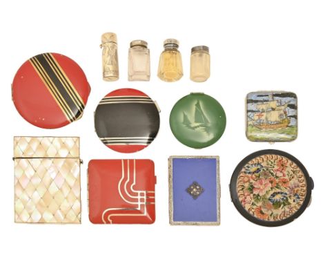 A Victorian mother of pearl card case, 10cm, and miscellaneous art deco and mid century compacts, silver topped and other gla