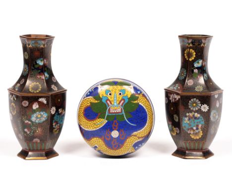 A pair of Chinese cloisonne enamel hexagonal vases, second half 20th c, 19cm h, and a contemporary Chinese cloisonne enamel p
