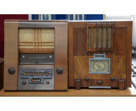 Four 1930s walnut mains radios,&nbsp;48cm h and c, one with gilt retailer's transfer of Cottenham Radio Cambridge Good condit