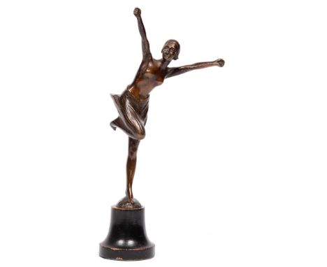 An art deco bronze sculpture of a semi-naked dancer c.1930, rubbed golden brown patina, on ebonised base 27cm h scratches esp