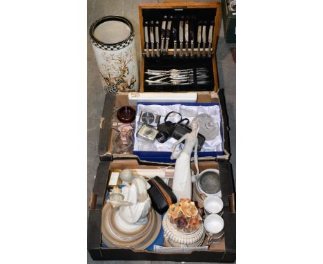 Miscellaneous decorative ceramics and glassware, including Spanish ceramic figurines, stick stand, canteen of plated flatware