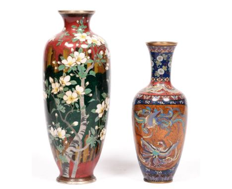 A Chinese cloisonne enamel vase, mid 20th c, decorated with dragons and birds, 25cm h, and another (2) 