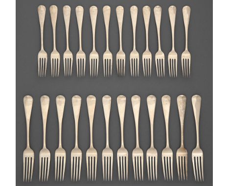A set of twelve Victorian silver table forks and dessert forks, Old English pattern, by Charles Lias, London 1844, 42ozs (24)
