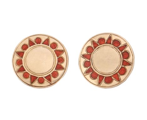 A pair of gold and translucent red enamel earrings, 14mm diam, marked 9c, 3.8g Slightly scratched and worn, enamel not chippe