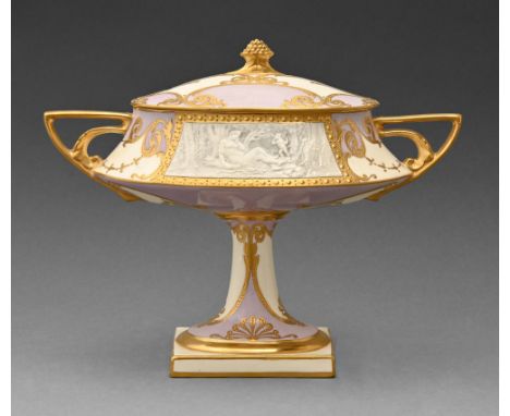 A Mintons Windsor lilac ground pate sur pate vase and cover, early 20th c, decorated to the cavetto with a rectangular panel 
