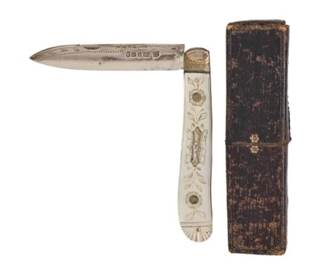 A Victorian silver fruit knife, with engraved mother of pearl scales, 76cm l, by Henry Wilkinson &amp; Co, Sheffield 1852, mo
