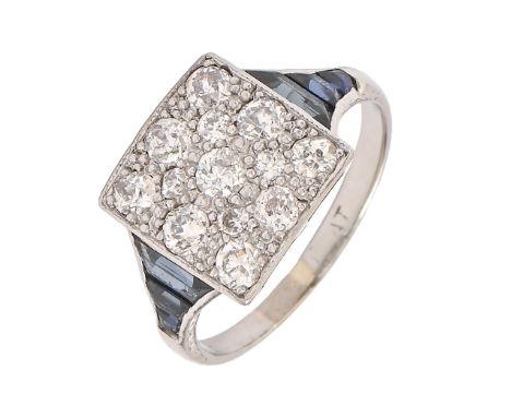 An Art Deco diamond and sapphire geometric ring, with calibre cut sapphires to the shoulders, in platinum, 4.4g, size O Sapph