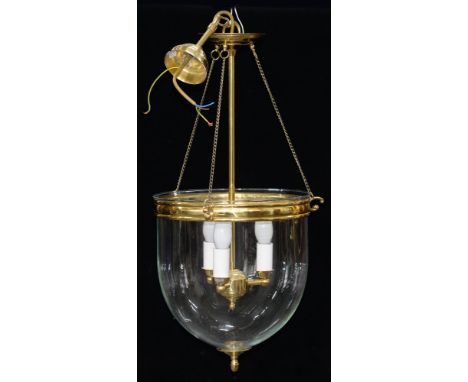 A brass and glass hanging hall light,&nbsp; of recent manufacture, in George III style with three light pendant, 64cm h Good 