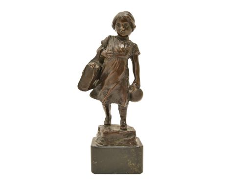 A German bronze statuette of a young girl, early 20th c cast from a model by Julius Schmidt Felling, rich even brown patina, 
