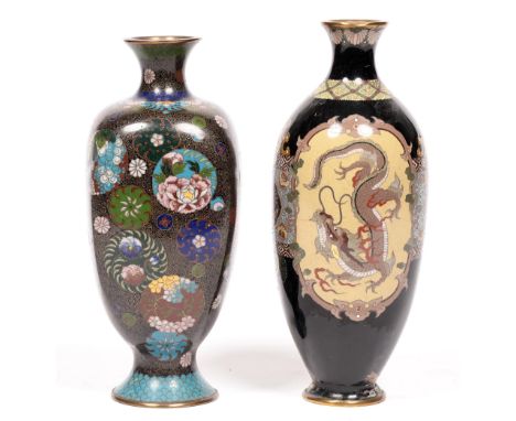 A Japanese cloisonne enamel oviform vase, mid 20th c, decorated with dragon and mythological birds, 25cm h, and a contemporar