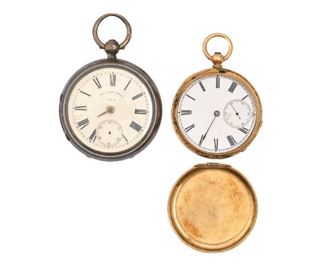A Swiss 18ct gold hunting cased lever watch, 19th c, in engine turned case, gold cuvette, 48mm diam, 79.5g and a silver pocke