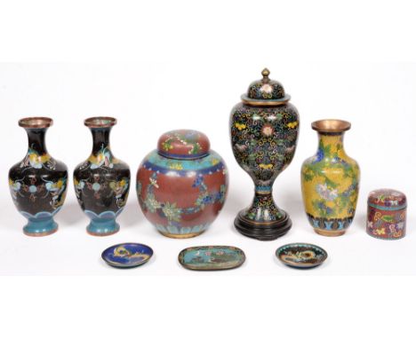 A Chinese cloisonne enamel ginger jar and cover, 20th c, 23cm h, and other similar contemporary articles (9) Good condition