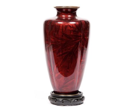 A Japanese gin-bari enamel vase, mid 20th c, 31cm h, wood stand signed Akasuke in red ink 