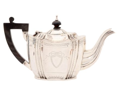 A Victorian silver teapot, with engraved shield and borders, 12.5cm h, by Nathan &amp; Hayes, Birmingham 1895, 8ozs Light wea